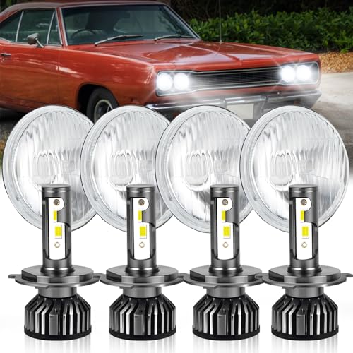 HMCYCI 5 3/4'' 5.75 inch Headlight Round 4pcs Reflector + 4pcs H4 LED Bulbs Hi/Lo Beam Sealed Beam H5001 H5006 Front Light Housing | Universal Fit | Classic Look Preservation/Front Light Housing.