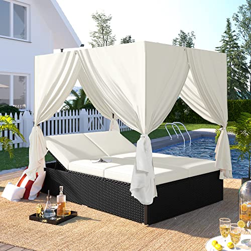 LUMISOL Outdoor Patio Chaise Lounge, Patio Sunbed Canopy Bed Daybed with Retractable Canopy, Rattan Sun Lounger Patio Loveseat Sofa Set with Curtains