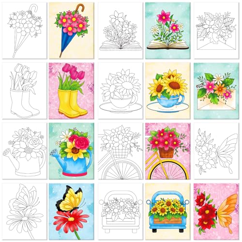 ACRNIGHEET Pre Drawn Canvas to Paint for Adults, 10pcs Flower Theme Pre Printed Canvas 8 X 10 Inch, Painting Canvas for Adults Home Decor and Party Game, Ready to Paint for Beginners