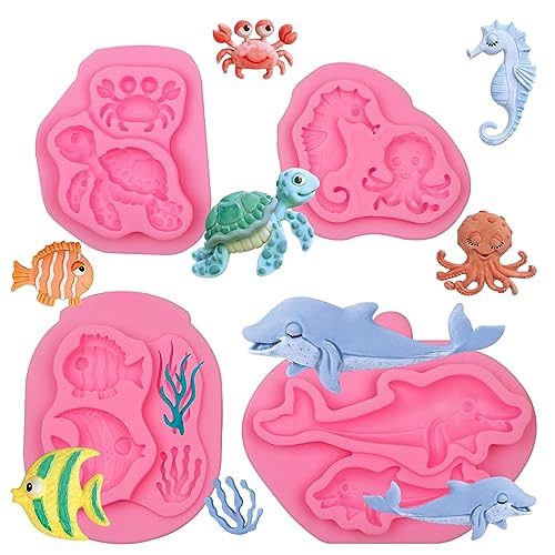 Marine Turtle Fish Fondant Molds Silicone, 4 Packs Sea Coral Dolphin Chocolate Molds for Sea Theme Cake Decoration Cupcake Toppers Cookie Clay