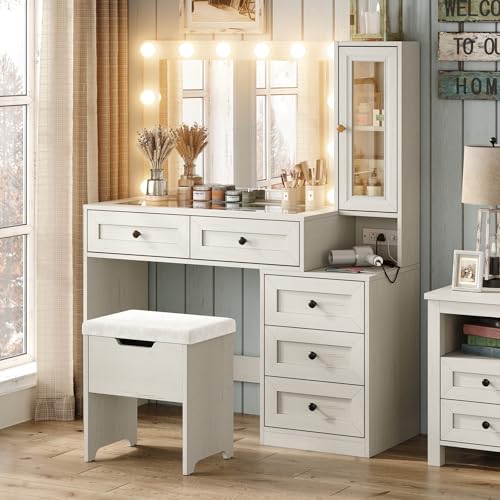 Diwnnue Large Farmhouse Mirror Vanity Desk with LED Bulbs White Makeup Table Set Glass Tabletop for Bedroom Charging Station & Power Outlet Adjustable Light Mode