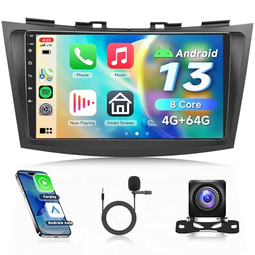8 Core 4G+64G Car Radio for Suzuki Swift 2011-2017 Rimoody Android 13 Car Stereo Carplay Android Auto DSP 9 Inch Touchscreen Bluetooth FM RDS GPS WiFi Mirror Link Backup Camera