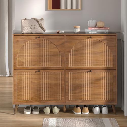 Fsbecl Shoe Storage Cabinet for Entryway with 4 Flip Drawers, Narrow Shoe Organizer with Fluted Panel, Freestanding Wood Hidden Shoe Cabinet for Foyer, Hallway (Walnut, 4 Flip Drawers)