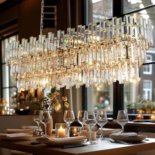 ANTILISHA Rectangle Gold Chandeliers for Dining Room Ceiling Modern Dining Room Light Fixture Light Fixture Contemporary Oval Crystal Chandelier Long 50''