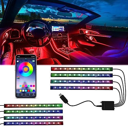 Mega Racer RGB Car LED Lights Strip 2 Pack - Interior LED Lights for Cars, 48 LEDs Over 16 Million Colors, Music Sync App Controlled with iPhone Android Under Dash Car Lighting Kit, USB DC 12V