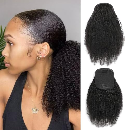 Afro Puff Drawstring Ponytail Human Hair 4C Afro Kinky Curly Ponytail Drawstring Ponytail for Black Women Natural Black Ponytail Extension Human Hair 16 Inch