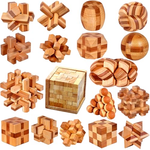 18 Pack Wooden Brain Teaser Puzzles Stress Relief Toys Wooden Burr Puzzles Brain Teaser Puzzle with Gift Packing Box Magic Puzzle Games Toy for Kids and Adults by AHYUAN (Bamboo)