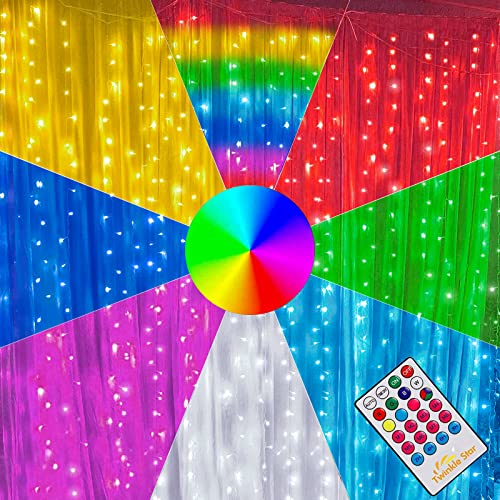 Twinkle Star 300 LED Window Curtain Lights, Christmas Rainbow RGB Color Changing 64 Functional Backdrop Light with Remote, Colorful Icicle String Light for Wedding, Party, Outdoor Indoor Decor