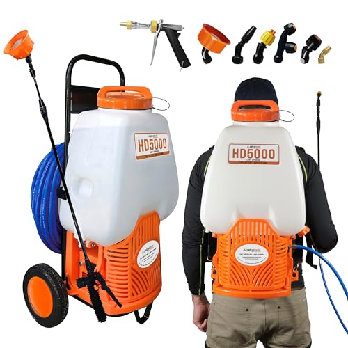 PetraTools Powered Backpack Sprayer with Custom Fitted Cart and 100 Foot Commercial Hose, 2 Hoses Included, Commercial Quality Heavy Duty Sprayer (6.5 Gallon Cart)