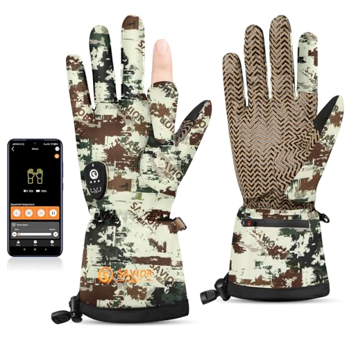 SAVIOR HEAT Heated Gloves for Hunting, Camouflage Hunting Gloves for Men Women Touchscreen Hunting Heated Gloves for Hunting, Fishing, Shooting, Cold Weather (Rock, M/L)