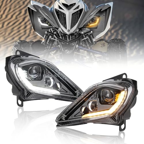 OPP ULITE Led Headlights Assembly for Yamaha Raptor, Yamaha YFZ, Yamaha Wolverine, High Low Beam & White DRL & Amber Turn Signal Light, DOT Approved ATV Headlight, 2PC Pack