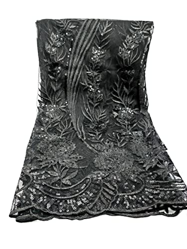 Old DIrd African Lace Fabric 5 Yards Lace French Fabric Embroidered and Sequins Lace Fabric for Wedding,Black 1