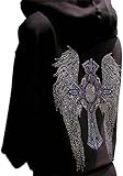 Multicolor Rhinestone Cross and Angel Wings Black Zipper Hoodie(L)