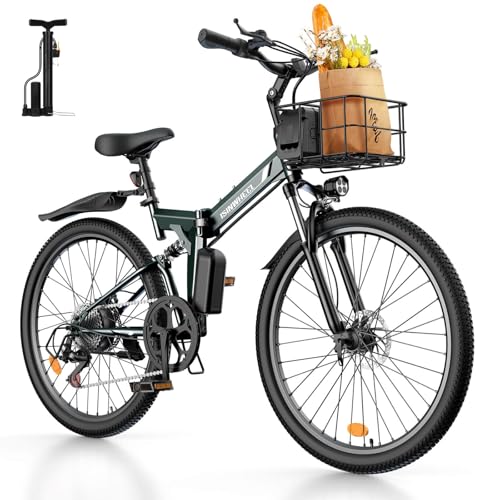 isinwheel M40 Folding Electric Bike for Adults 500W Ebike with Basket, Dual USB Charging Ports, Full Suspension, 7 Speed Gearshift, 20mph Foldable Electric Bicycles, 26" Electric Mountain Bike