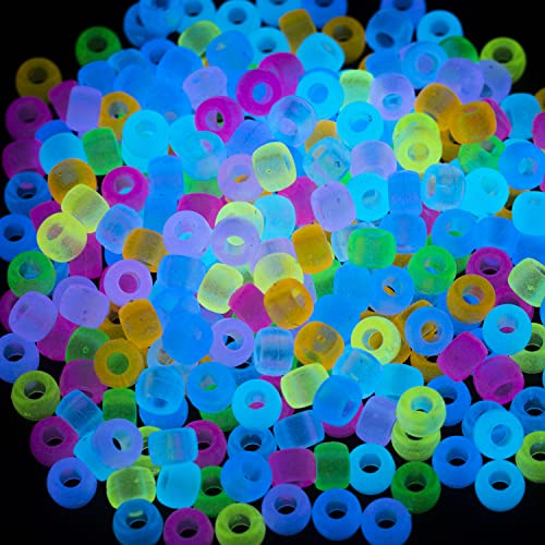 Gxueshan 1000 Pcs Acrylic 9 Color Pony Beads 6x9mm Bulk Glow in The Dark for Necklace, Friendship Bracelet Making, Hair Braids Kandi