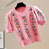 Generic Women's Summer Tops Vintage Elegant Embroidered Knitted Puff Sleeve O-neck Tops Pullovers Knitwear(Beige)