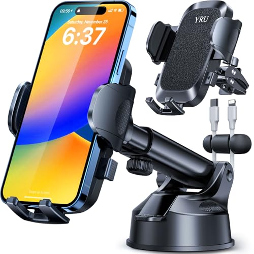 [2025 Upgrade 80LB+ Strong Suction]YRU Car Phone Holder Mount,[Bumpy Road Stable]Dashboard Cell Phone Holder for Car Air Vent Windshield Phone Stand for iPhone 16 15 14 13 Pro Max Samsung Truck, Black