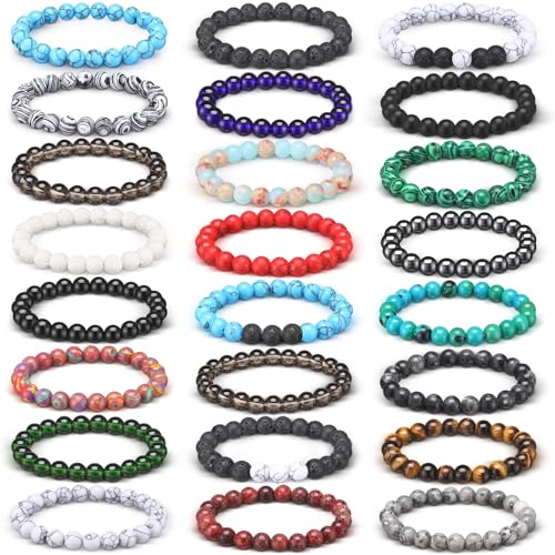 Landical 24 Pcs 8mm Gemstones Beaded Bracelets for Men Women Stretch Round Bead Bracelets Set Healing Crystal Stone Bracelets Semi Precious Bracelets (Classic)