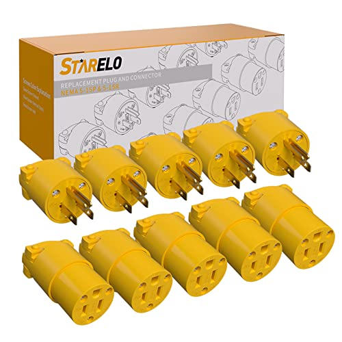 STARELO Extension Cord Ends,Electrical Replacement Plug & Connector Set Yellow Shell 125V 15A 2Pole 3Wire NEMA 5-15P & 5-15R Industrial Grade 3-Prong Straight Blade Grounding Type(5),UL Listed.