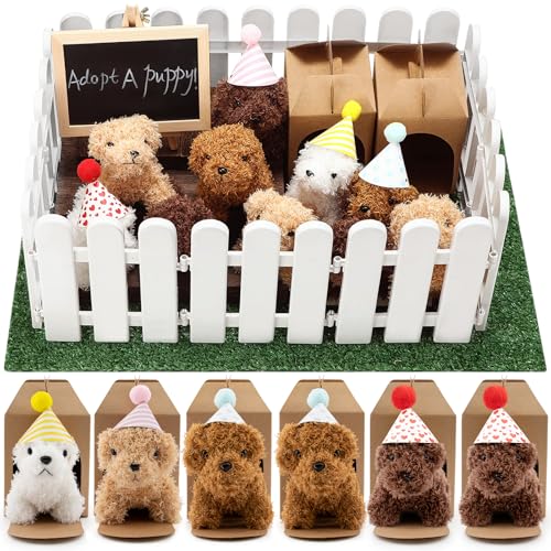 Rigibright 56Pcs Adopt A Puppy Party Favors Mini Plush Stuffed Animals Set Includes 14 Mini Dogs, Birthday Hats, White Plastic Fence with Artificial Lawn for Adopt A Pet Theme Birthday Party