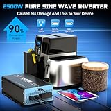 2500W Pure Sine Wave Inverter with Transfer Switch, 12V DC to 120V AC Converter with 2AC Outlets, USB Port, Type-C Port, Remote Controller, Power Inverter for RV, Outdoor, Auto Swtich to Shore Power