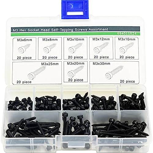 M3 Hex Hexagon Socket Cap Head Self Tapping Screw Grade 8.8 Black Carbon Steel Allen Head Assortment Kit 160 PCS (M3 Black)