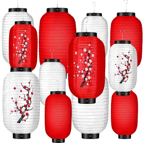 Riakrum 12 Pcs Traditional Japanese Style Hanging Lantern Plum Blossom Paper White Red Japanese Lantern Decorations for Birthday Restaurant Wedding Party Festival Decorations