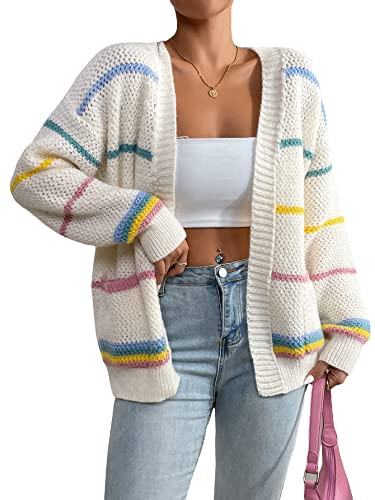 SHENHE Women's Open Front Colorful Striped Drop Shoulder Oversized Cardigan Sweater Multicolor M