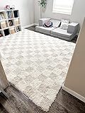 BoutiqueRugs Atira Modern Checkered Shag Area Rug - High Pile Fluffy Shaggy Carpet for Kids Room, Nursery, Living Room, Bedroom - Beige, Cream, White - 5'3" x 7'3" (5x7)