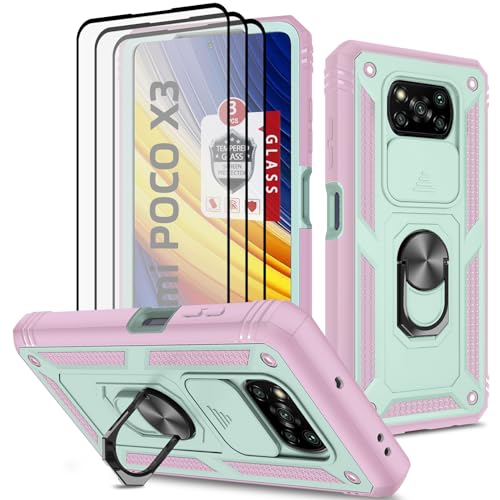 Xiaomi Poco X3 NFC Case With 3 Pcs Tempered Glass Screen Protector, Built-in Ring Stand Kickstand + Camera Cover, Hard PC Soft TPU Defender Full Body Armor - Green/Pink