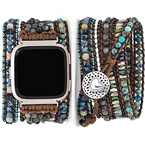 Somesame Compatible with Fitbit Versa/Versa 2/Versa Lite/Versa SE Bands Boho Beads Bracelets,Multilayer 5 Wraps Chakra Leather Handmade Braided Natural Stone Rope Watch Strap for Women Men,(Blue,S)