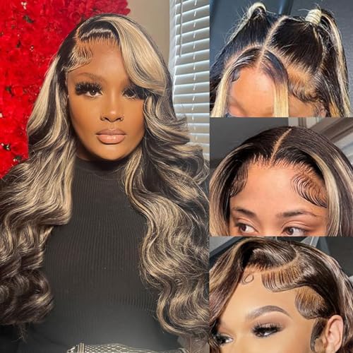 Daules 32 Inch Highlight Lace Front Balayage Wig Human Hair Pre Plucked 1B/27 Balayage 13x6 HD Lace Ombre Body Wave Wig 180% Density Glusless Wigs Human Hair for Women
