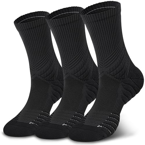 Hylaea Compression Running Socks for Men, Coolmax Anti-Blister Cushion Crew Socks for Athletic Basketball Tennis, Moisture Wicking & Seamless, Elite Black Medium