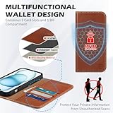 SHIELDON Case for iPhone 15 5G 2023, Genuine Leather Wallet Book Case Magnetic RFID Blocking Credit Card Holder Kickstand Shock Absorbing Case Compatible with iPhone 15 6.1" - Retro Brown