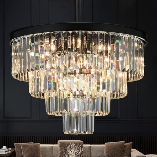 Crystal Chandeliers for Dining Room Lights Fixture Over Table, 15 Lights Black Modern Chandeliers for Living Room, 4-Tier Round Crystal Lighting Fixtures for Bedroom Entryway Kitchen Island D24 Inch