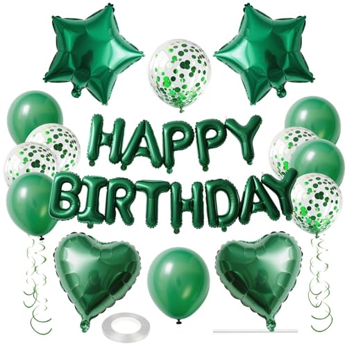 WEIKA 27 Pcs Green Birthday Decorations, 3D Letters Green Happy Birthday Balloon Banner, Pentagram Heart Foil Balloons Confetti Balloons Kit For Boys Girls Party Supplies
