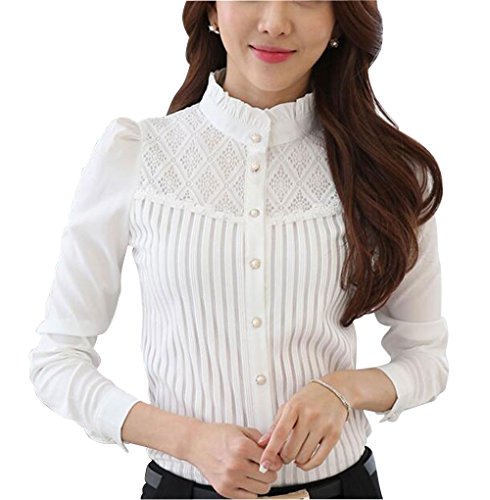 Womens Vintage Victorian Pleated Button Down Shirt Long Sleeve Stretch Blouse Stand Up White 8