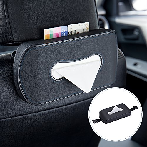 Mr.Ho Black Leather Car Back Seat Headrest Hanging Tissue Holder Case Mount, Multi-use Car Tissue Paper Holder with One Tissue Refill for Car & Truck Decoration