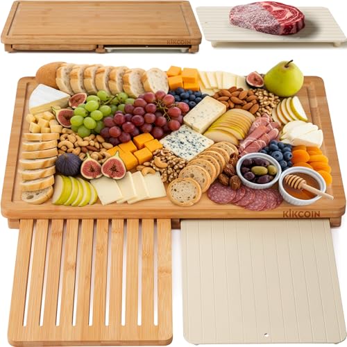 Kikcoin Bamboo Cutting Board Set with Defrosting Tray, Wood Cutting Boards for Kitchen with Deep Juice Grooves & Built-in Organizer Meal Prep Charcuterie& Chopping Board for Meat, Vegetables and Bread