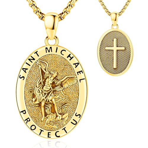 LOOVE Saint Necklace St Michael Necklace for Men Gold Sterling Silver Saint Michael Pendant 14K Gold Archangel Michael Necklace for Women Religious Protection Necklace Saint Michael Jewelry Gold