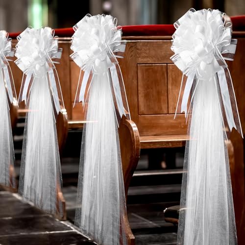 Lyrow 30 Set Large White Wedding Pew Bows Tulle Bows with 47 Fabric Tulle Church Wedding Chair Aisle Decorations for Bridal Shower Reception Birthday Ceremony Mother's Day(White)