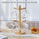 Aquach Coffee Glass Mugs Set of 4, 12 oz, Including Wooden Cup Holder Tree, 6 Hooks