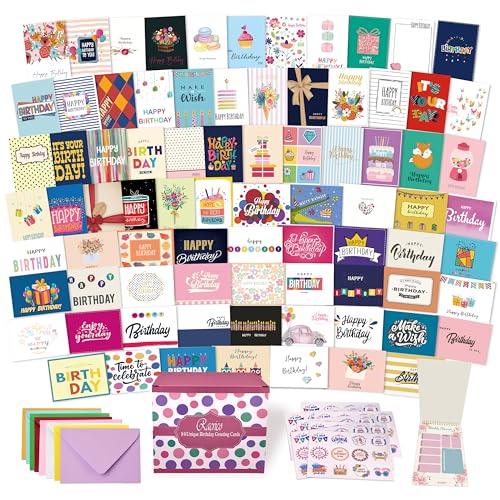 80 Unique Birthday Cards- Happy Birthday Cards Bulk With Greetings Inside – Assorted Envelopes and Stickers -Large 5 x 7 inches- Greeting Box Set