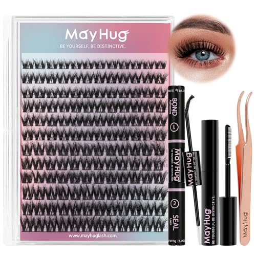 Mayhug Lash Extension Kit 144 Pcs, 3D Lash Clusters 8-18/D Curl Wispy Lash Clusters with 10ml Bond and Seal Waterproof, 5ml Lash Remover, Lash Tweezers Eyelash Extensions Kit at Home (Prism Kit)