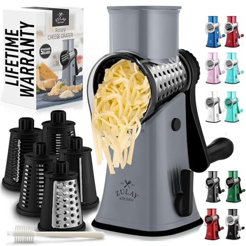 Zulay Kitchen Rotary Cheese Grater 5 Blade Cheese Shredder - Manual Hand Crank Cheese Grater With Reinforced Suction & 5 Interchangeable Drums - Easy to Use, Vegetable Chopper Round Mandoline Slicer