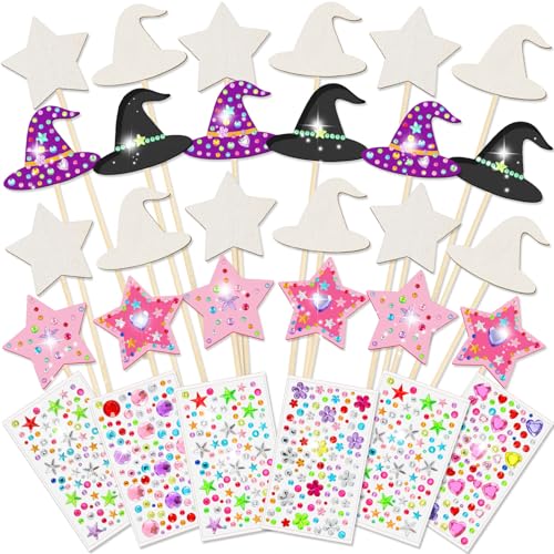 Juexica 24 Pcs Fairy Wands Kit Including 12 Unfinished Wood Star Wands, 12 Witch Hat Sticks and 6 Sheets Gem Stickers for Witch and Princess Birthday Party Favors Decorations DIY Craft Gift, 2 Styles
