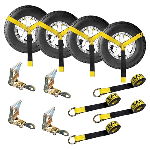 12 pc Combo Lasso Wheel Lift Straps 2" Ratchets Snap Hook Set, Tow Truck Tie Down with Sleeve Protectors - Yellow Winch Straps