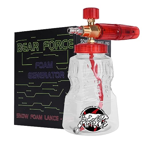 BEAR FORCE Pressure Washer Brass Foam Cannon Foam Generator Snow Foam Lance with 1/4” Quick Connector & 1.25mm & 1.10mm Orifice Nozzle, 360° Adjustable Thicker Snow Foam with 32 oz Soap Car Wash