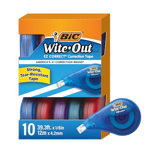 BIC Wite-Out Brand EZ Correct Correction Tape, 39.3 Feet, 10-Count Pack of White Correction, Tear-Resistant Tape Office or School Supplies