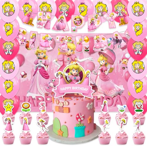 42pcs Princess Peach Birthday Party Supplies Pack Includes，Banner，Cake Topper，Blackdrop,Balloons for Princess Peach party supplies